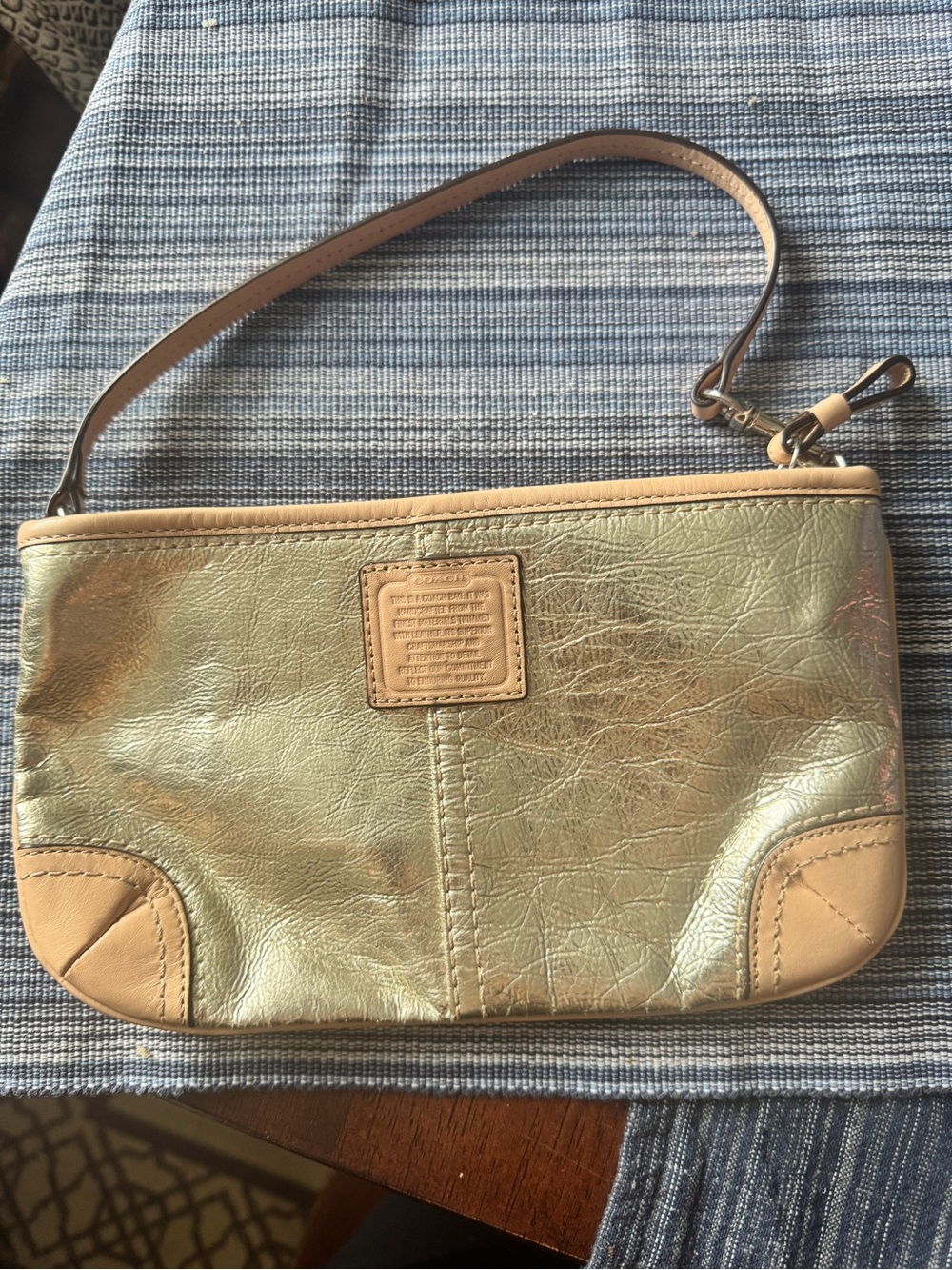 Coach Metallic Gold Leather Wristlet with Tan Trim and Strap